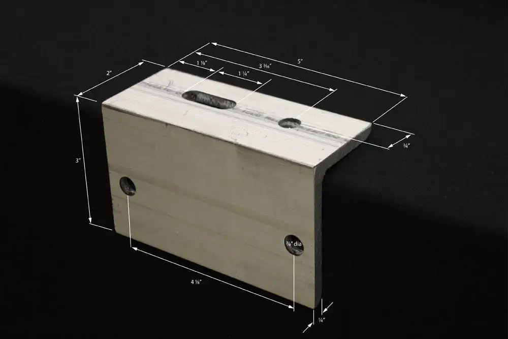 The Dock Cleat Stiffener for Galvanized Cleats, shown with labeled dimensions on black, is perfect for reinforcing Wood Docks like those by Great Northern Docks in Maine.