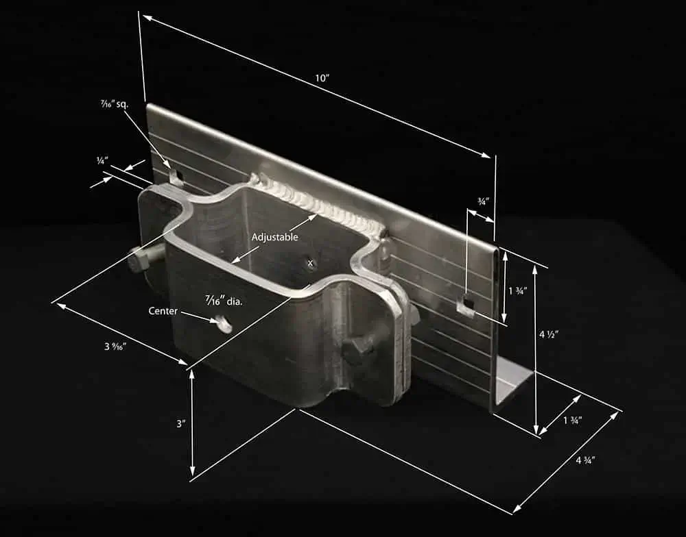4x4 Post Bracket for Maine and Wood Docks, with labeled dimensions, thicknesses, and hole diameters shown on a black background with white lines and text.