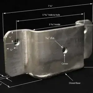 2x4 Rail Post Clamp (4 pack) by Great Northern Docks, 7 1/4" long with a 7/16" center hole, shown on a black background with measurements labeled.