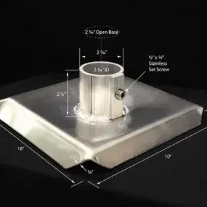 A Pipe Foot (2 Pack) with labeled measurements—ideal for Aluminum Docks by Great Northern Docks—is shown on a black background.