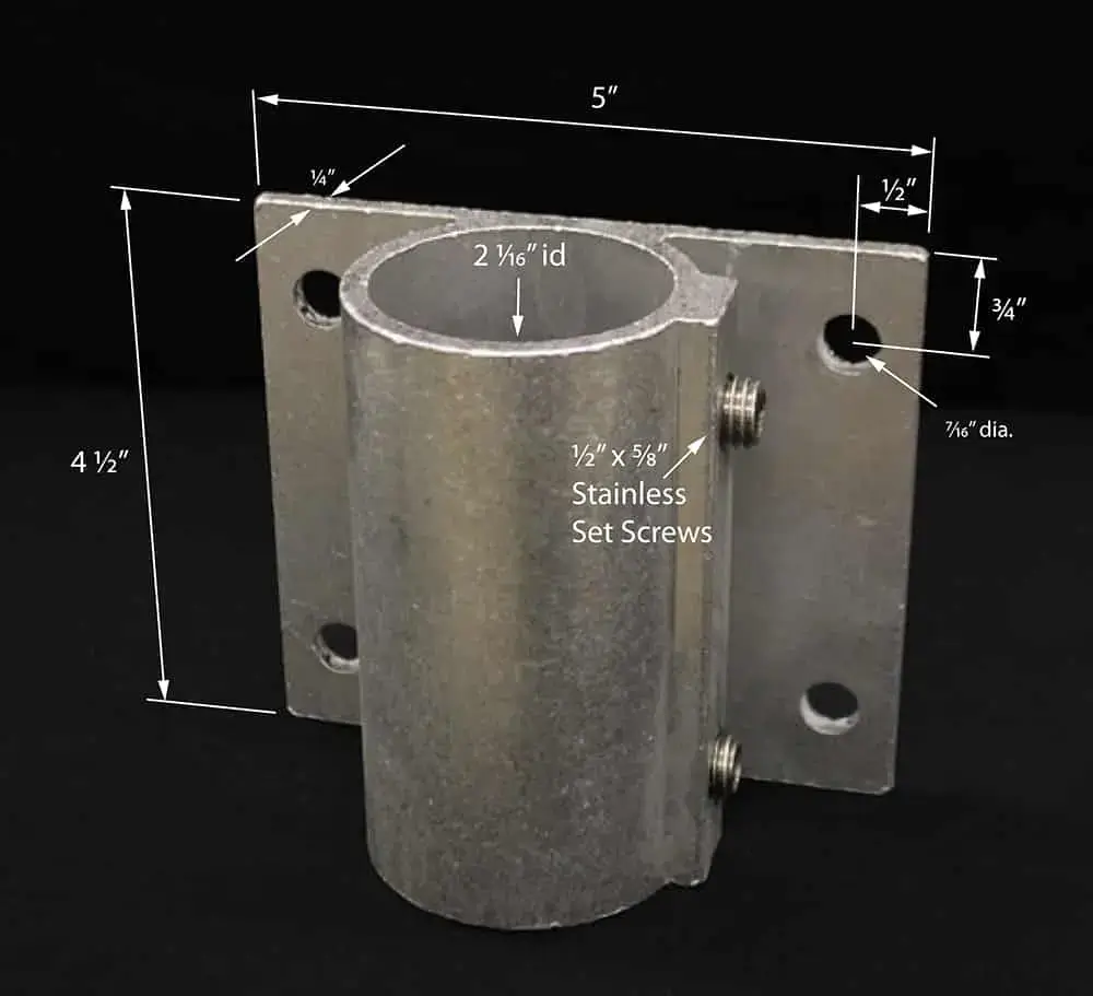 Flush Mount Pipe Bracket with cylindrical opening and set screws, perfect for Maine or wood docks. Shown on black background with labeled dimensions.