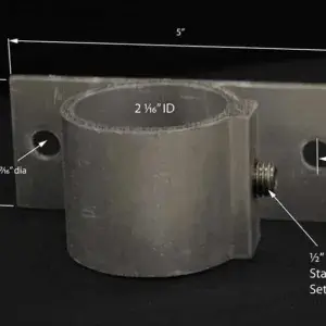 The Rail Bracket has a 2 1/8" inner diameter, stainless set screws, labeled dimensions on black, and suits Wood or Maine Docks.