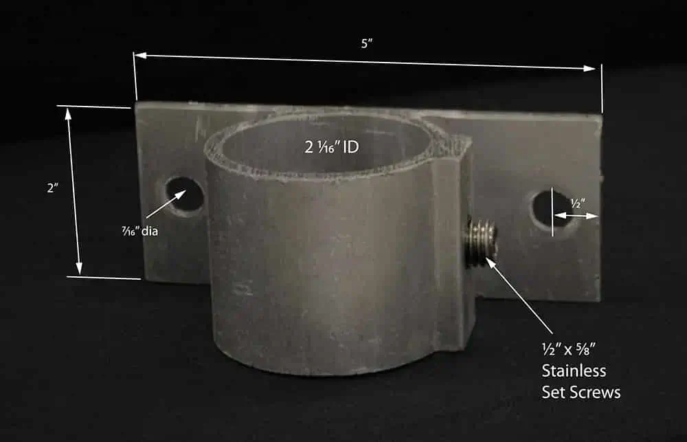 The Rail Bracket has a 2 1/8" inner diameter, stainless set screws, labeled dimensions on black, and suits Wood or Maine Docks.