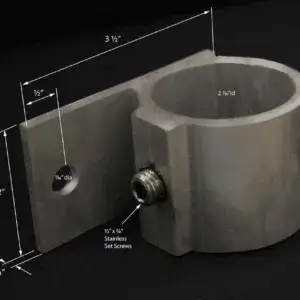 End Rail Bracket: Metal bracket with a 2.1" diameter clamp, labeled measurements, stainless set screw; 3.5"L x 2"H—ideal for Maine Docks.
