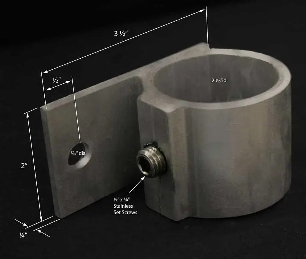 End Rail Bracket: Metal bracket with a 2.1" diameter clamp, labeled measurements, stainless set screw; 3.5"L x 2"H—ideal for Maine Docks.