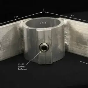 Corner Rail Bracket for Wood Docks, with labeled screw holes and length, width, diameter measurements shown on a black background.