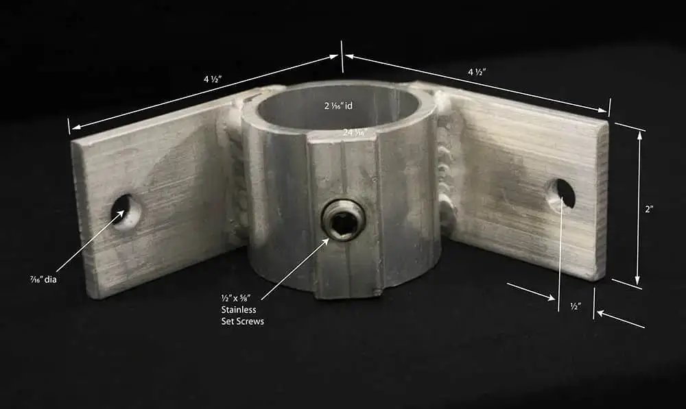 Corner Rail Bracket for Wood Docks, with labeled screw holes and length, width, diameter measurements shown on a black background.