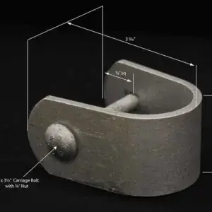 The Pipe Brace Clamp (4 Pack) is a metal U-shaped bracket with carriage bolt and nut, shown with dimensions, ideal for wood docks from Great Northern Docks.