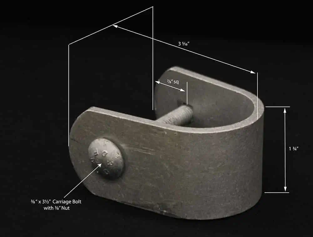 The Pipe Brace Clamp (4 Pack) is a metal U-shaped bracket with carriage bolt and nut, shown with dimensions, ideal for wood docks from Great Northern Docks.