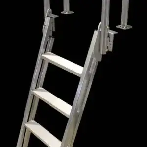 The Aluminum Dock Ladder features four wide steps and curved handrails, designed for aluminum docks, shown against a black background.