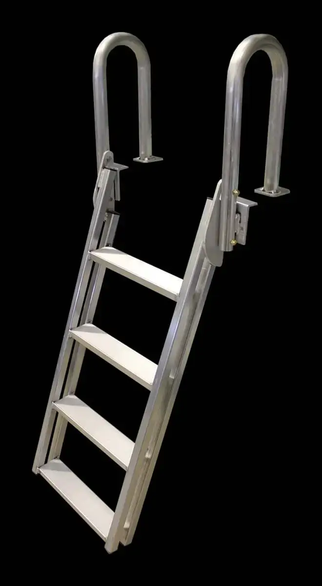 The Aluminum Dock Ladder features four wide steps and curved handrails, designed for aluminum docks, shown against a black background.