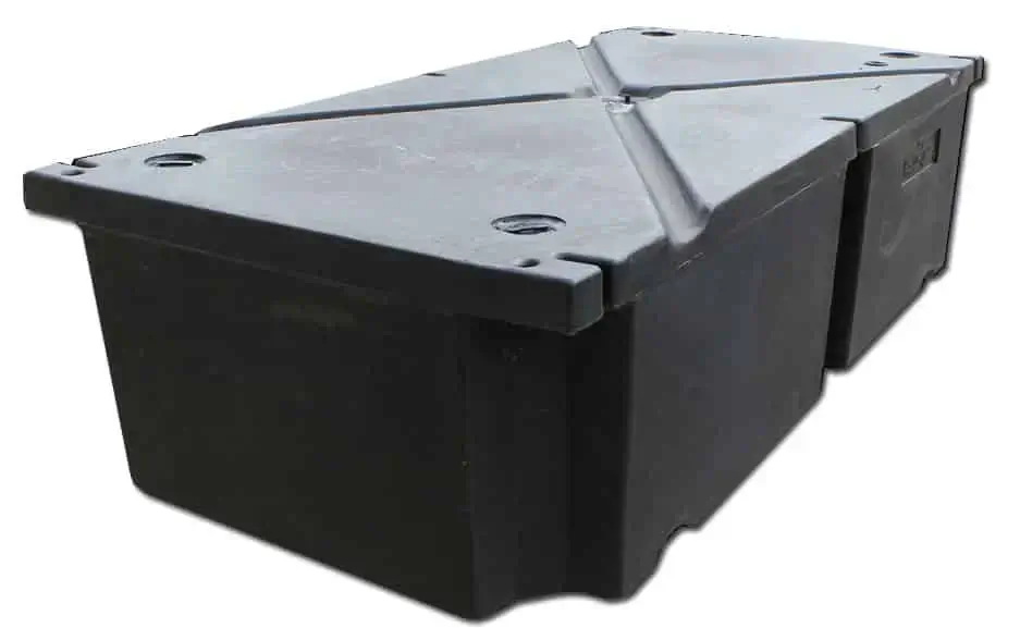 The PermaFloat Foam Filled Dock Flotation is a large black plastic float with a flat, ridged lid and reinforced corners—perfect for wood docks or Great Northern Docks.