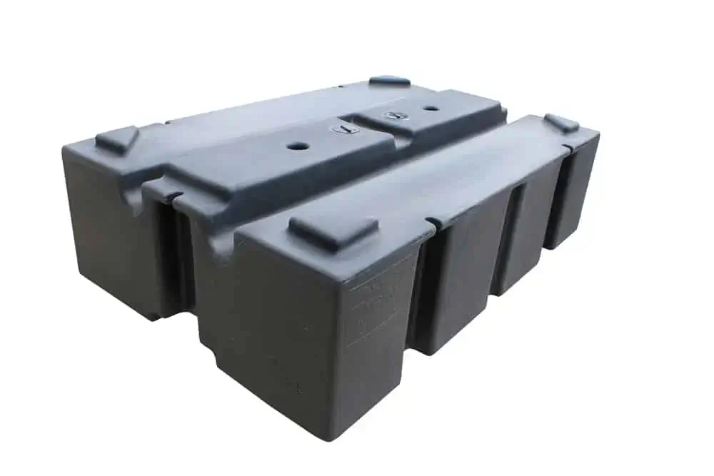 A large black plastic rectangular float with ridged sides, used for Great Northern Docks or floating platforms, photographed on a white background.