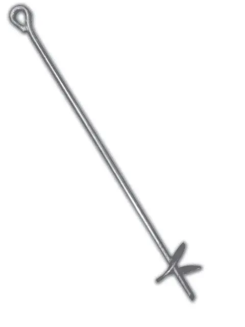 The Helix Anchor is a metal rod with a loop at one end and a flat, star-shaped crossbar at the other, ideal for securing wood docks.