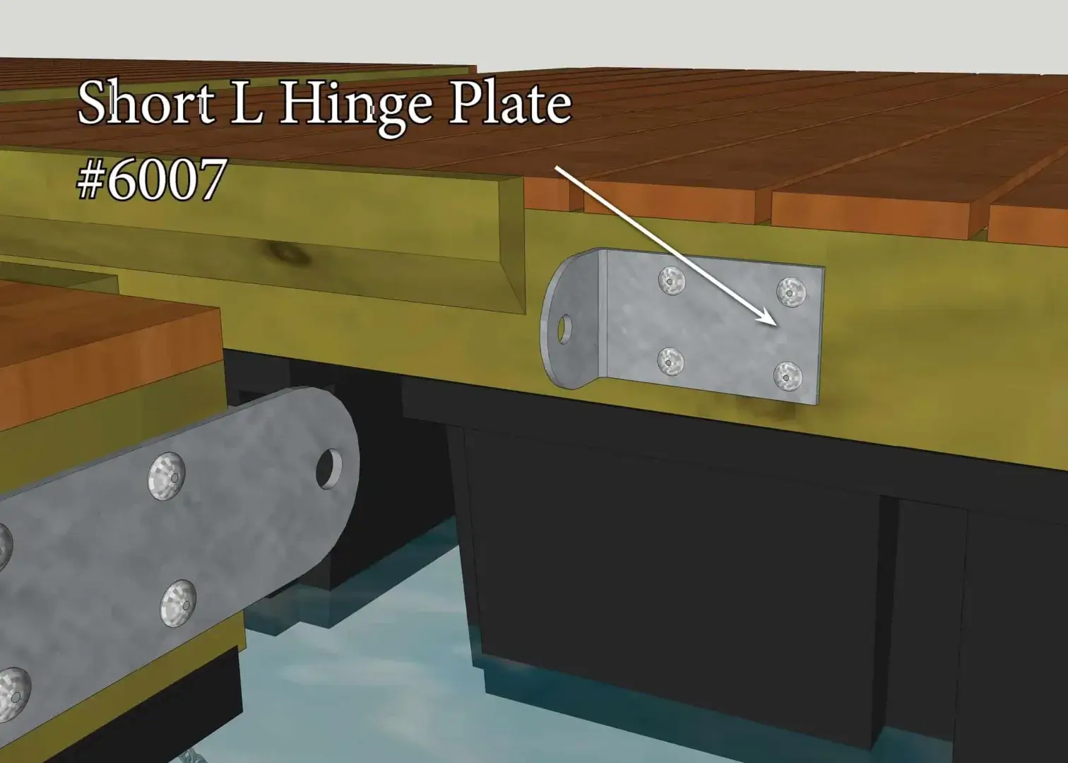 Illustration of a Short L Hinge Plate attached with screws to a Maine Docks wood dock edge above water, arrow indicating the hinge plate.