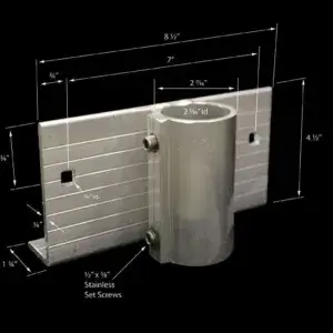 Pipe Bracket (2 Pack) by Great Northern Docks—aluminum, cylindrical holder, stainless set screws, flat plate; measured dimensions labeled against a black background.