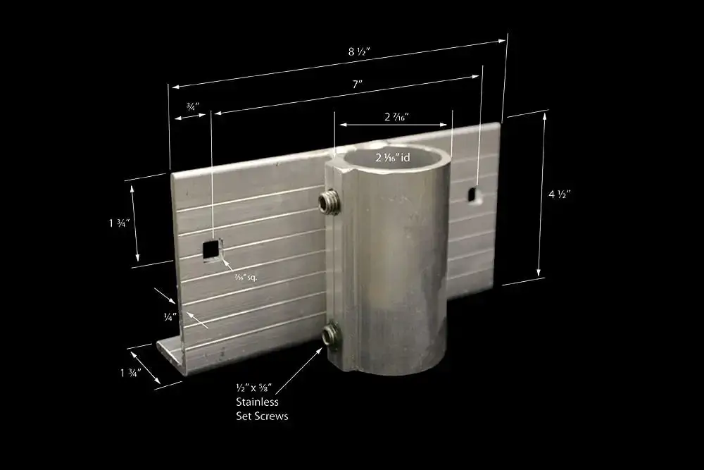 Pipe Bracket (2 Pack) by Great Northern Docks—aluminum, cylindrical holder, stainless set screws, flat plate; measured dimensions labeled against a black background.