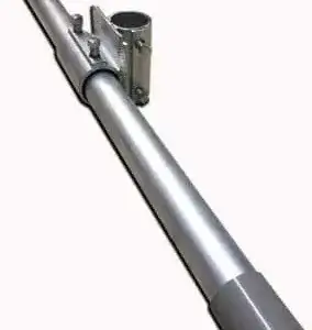 The Pipe Puller is a silver metal antenna mast with a mounting bracket and a gray plastic cap on one end, shown on a white background.