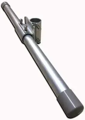 The Pipe Puller is a silver metal antenna mast with a mounting bracket and a gray plastic cap on one end, shown on a white background.