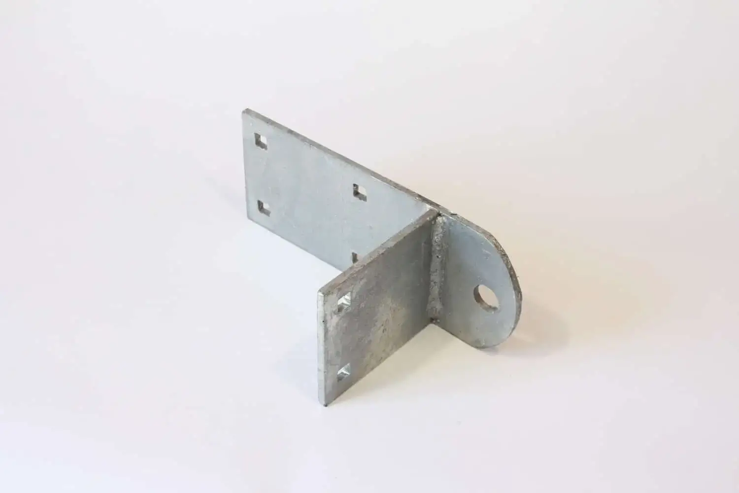 The Reinforced Hinge Plate for Maine Docks features four square holes, one large round hole, and a right-angle bend, shown on a white background.
