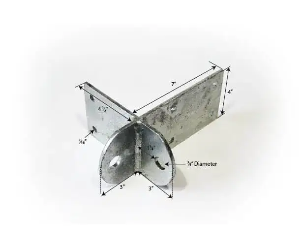 Reinforced T-Hinge Plate for aluminum docks; dimensions: 7"L x 4"H x 4.5"W, base diameter 3", thickness 7/16", holes 3/4" diameter.
