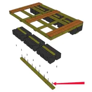 Exploded diagram of a wooden frame for Wood Docks on black floats, highlighting Skid Board Attachment Bolts (6-Pack) at the bottom with a red arrow.