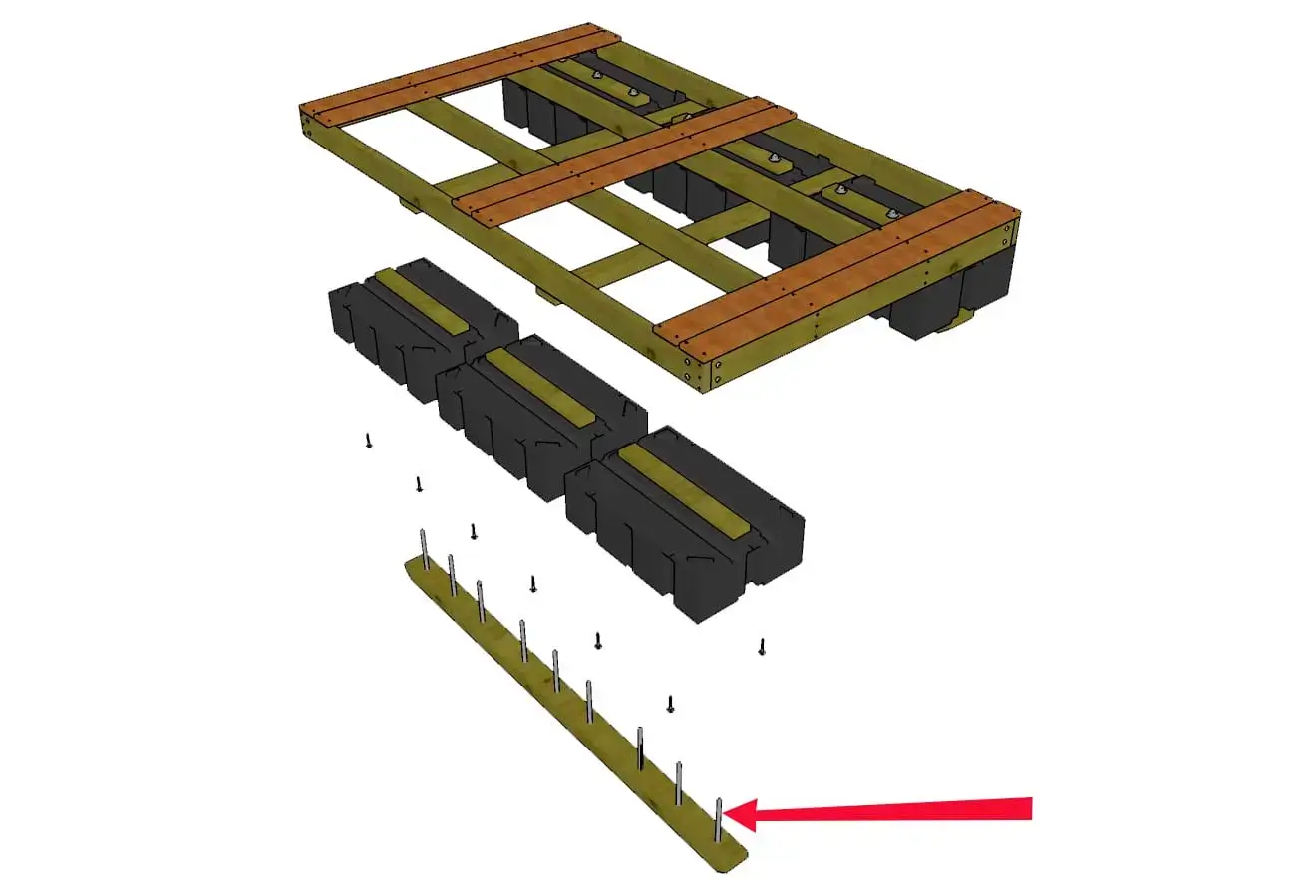 Exploded diagram of a wooden frame for Wood Docks on black floats, highlighting Skid Board Attachment Bolts (6-Pack) at the bottom with a red arrow.