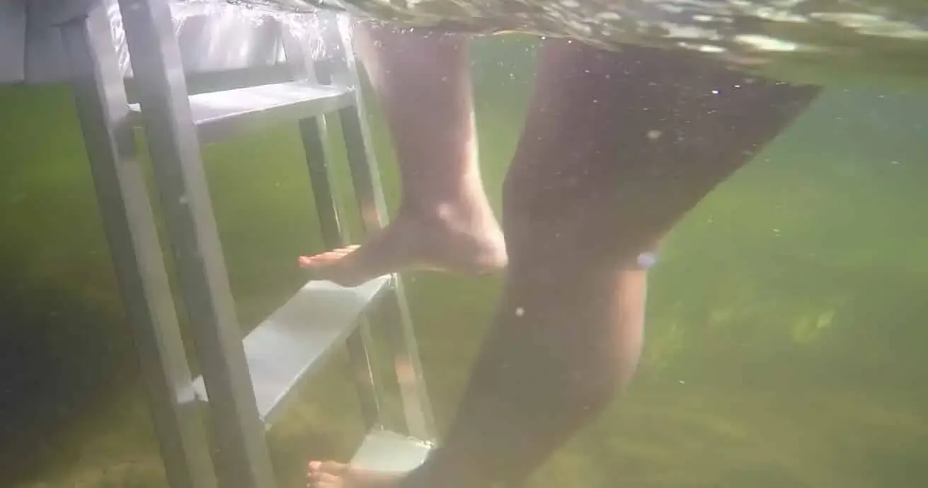 A person’s legs and feet descend a metal Aluminum Dock Ladder into greenish water, seen from an underwater perspective.