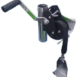 Leveling Winch with black handle, metal gears, and strap with hook—perfect for lifting heavy loads on Great Northern or aluminum docks.