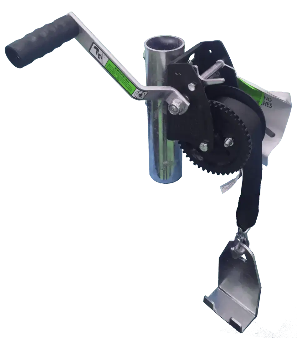 Leveling Winch with black handle, metal gears, and strap with hook—perfect for lifting heavy loads on Great Northern or aluminum docks.