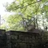 A person stands on an Arched Footbridge by an open metal gate, with water flowing over the edge, surrounded by trees and Maine Docks.