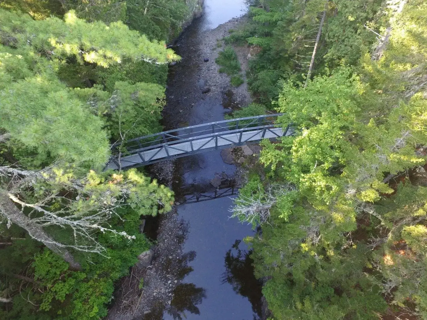 An Arched Footbridge spans a narrow, rocky stream amid dense green trees, seen from above on a sunny day near classic Maine Docks.