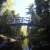 An Arched Footbridge crosses a shallow creek, framed by tall green trees and a clear blue sky—evoking the tranquil scenery near Great Northern Docks.