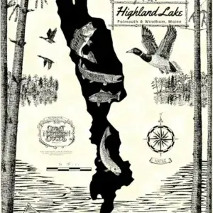 Pen and ink illustration of Highland Lake Windham, Maine, with a map outline filled with fish, ducks, a canoe, Maine Docks, and a mother duck with ducklings.