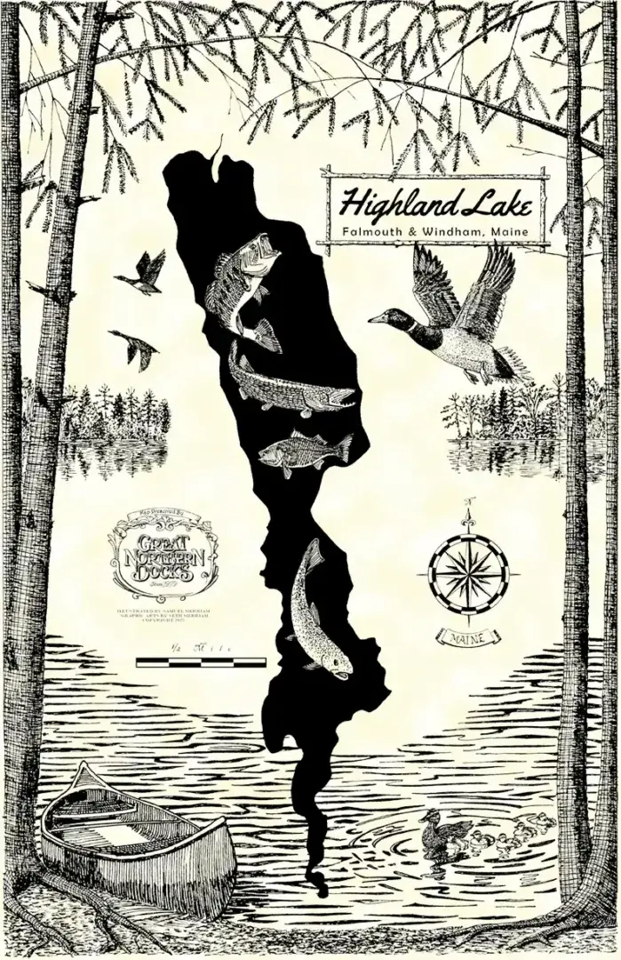 Pen and ink illustration of Highland Lake Windham, Maine, with a map outline filled with fish, ducks, a canoe, Maine Docks, and a mother duck with ducklings.