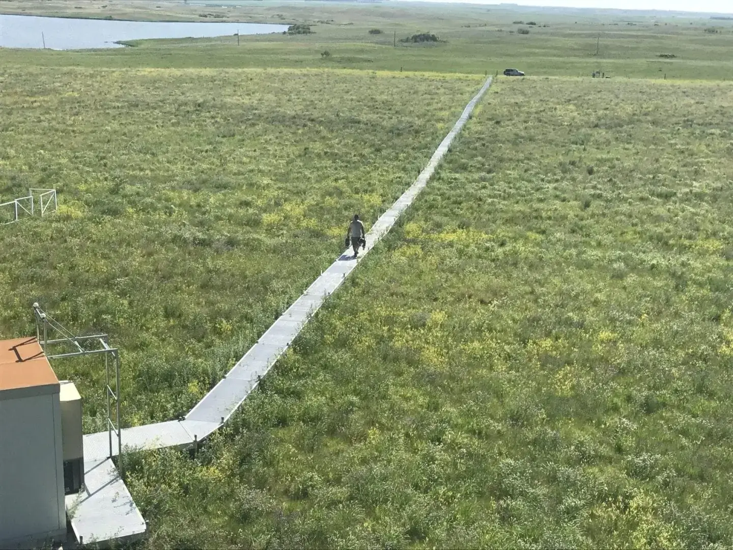 A person walks with a dog on a narrow boardwalk through a grassy field, passing Great Northern Docks and a small building, with a parked car visible in the distance.