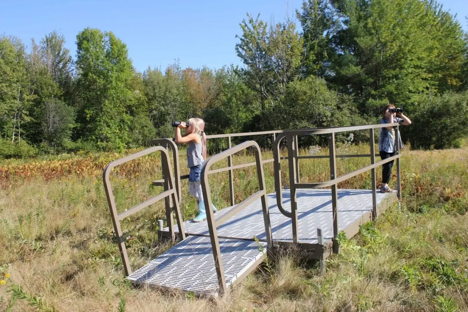 Two people stand on a metal Boardwalks structure near Maine Docks in a grassy field, using binoculars. Trees and blue sky complete the scene.