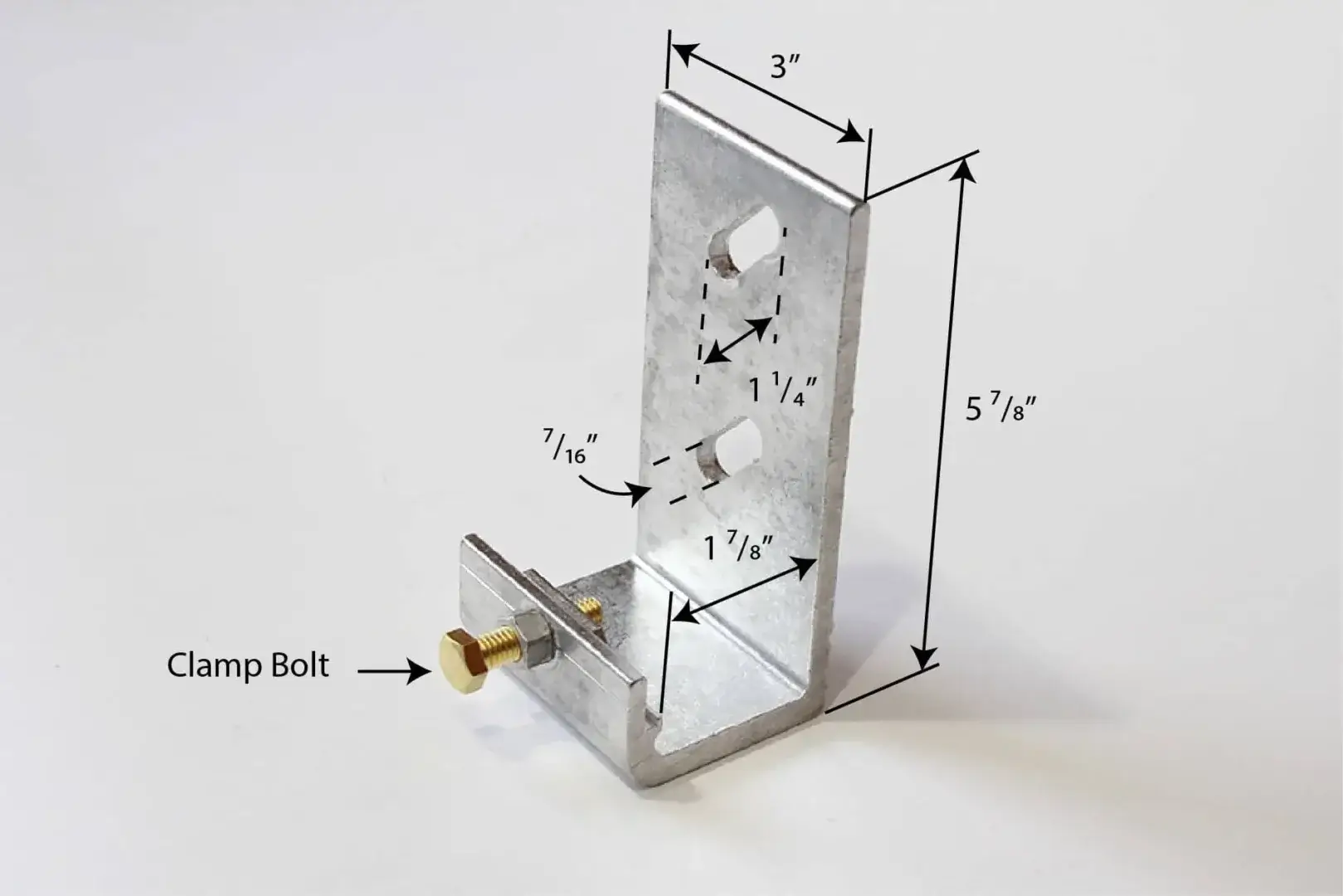 A metal L-bracket with clamp bolt, ideal for Maine Docks or Wood Docks; labeled dimensions: 5 7/8" tall, 3" wide, holes 1 1/4"x7/16" and 1 1/8"x7/16".
