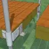 Illustration of a wood deck with metal brackets attaching beams to vertical poles, one section connected and another detached, over grass—ideal for Maine Docks or classic Wood Docks.