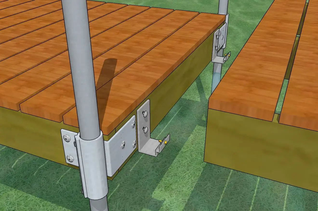 Illustration of a wood deck with metal brackets attaching beams to vertical poles, one section connected and another detached, over grass—ideal for Maine Docks or classic Wood Docks.