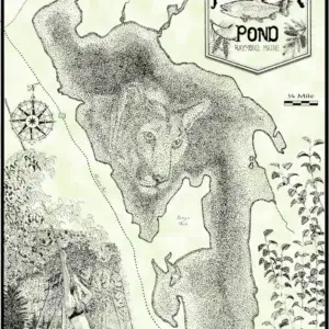 Panther Pond illustrated map shows a large panther, girl on rope swing, Great Northern Docks, bird, compass rose & 1/4 mile scale in Raymond, Maine.