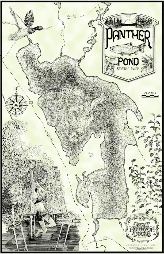 Panther Pond illustrated map shows a large panther, girl on rope swing, Great Northern Docks, bird, compass rose & 1/4 mile scale in Raymond, Maine.