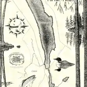 Pleasant Lake & Parker Pond map highlights Otisfield, Casco, local wildlife, trees, compass rose, Great Outdoors Project logo, and Maine Docks.