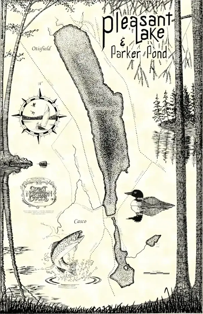 ParkerPondWEb-1 Pleasant Lake & Parker Pond map highlights Otisfield, Casco, local wildlife, trees, compass rose, Great Outdoors Project logo, and Maine Docks.
