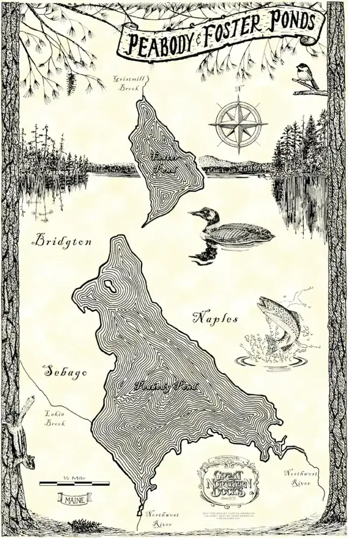 Peabody Pond & Foster Pond hand-drawn map in Maine with contour lines, compass rose, wildlife, towns, and wood dock locations by Great Northern Docks.