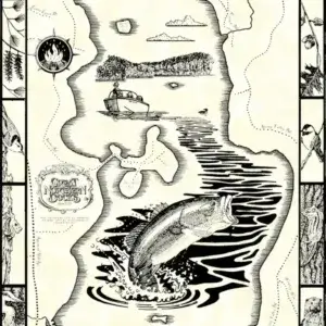 Hand-drawn Raymond Pond map showcasing a fisherman by Great Northern Docks, a leaping fish, and outdoor wildlife sketches around the border.