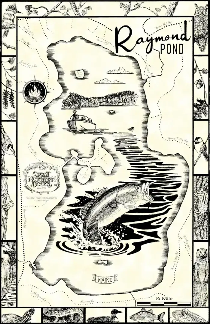 Hand-drawn Raymond Pond map showcasing a fisherman by Great Northern Docks, a leaping fish, and outdoor wildlife sketches around the border.
