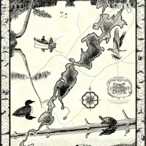 Tacoma Lakes: Hand-drawn map with fishers on a boat near Maine Docks, birds, turtle, fish, compass rose & wood-style border.