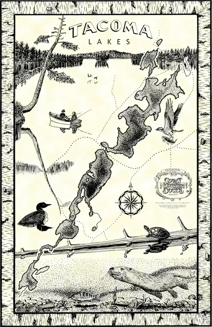 Tacoma Lakes: Hand-drawn map with fishers on a boat near Maine Docks, birds, turtle, fish, compass rose & wood-style border.
