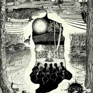Black and white illustration of Trout Pond with trees, cabin, lake, silhouettes around a campfire, tree trunk frame, water reflection, Maine docks, and a compass in the corner.